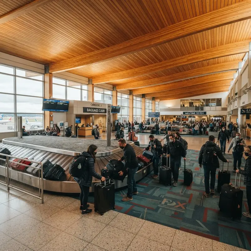 Travelers arriving at the Portland International Airport (PDX) baggage claim