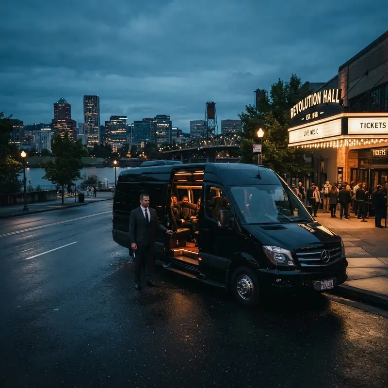 Black Mercedes Sprinter limo van with a chauffeur for group transportation in Portland, Oregon